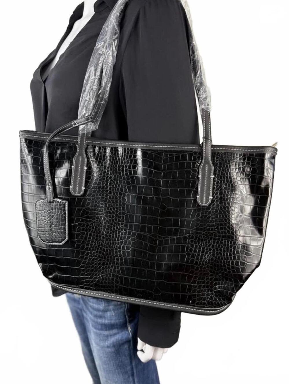 Black Croc Embossed Tote Bag with Zipper and Interior Pockets